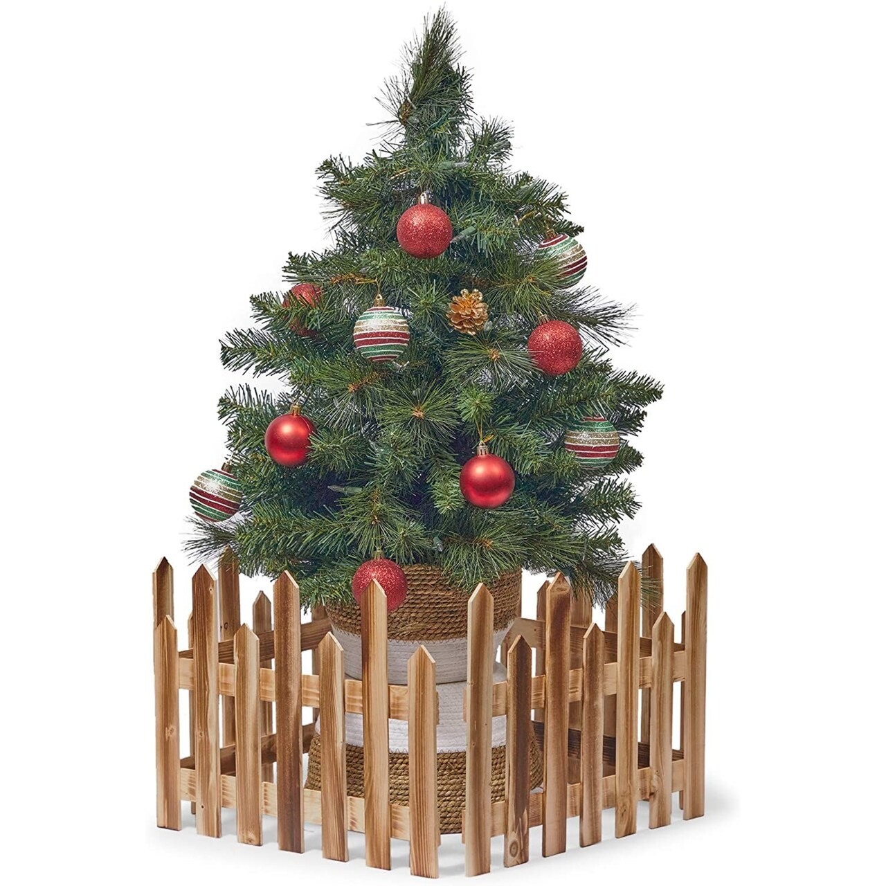 2-Piece Mini Wooden Picket Fence for Christmas Tree or Garden Border (5 Feet Length x 1 Foot Height)